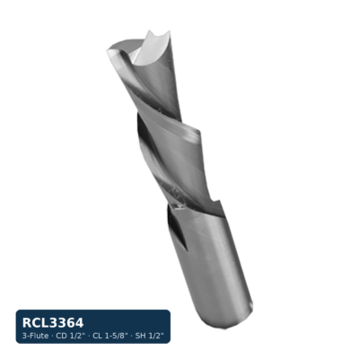 Solid Carbide Laminate Spiral Bit, 3-Flute — CD 1/2" · CL 1-5/8" · SH 1/2" · OAL 3-1/2"